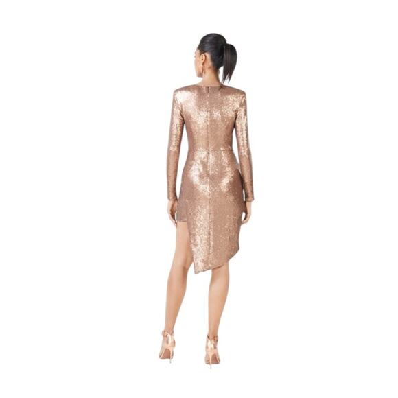 BCBGMAXAZRIA Long Sleeve Sequin Mini Dress V Neck Gold Size 2 Sexy Party - Picture 3 of 9